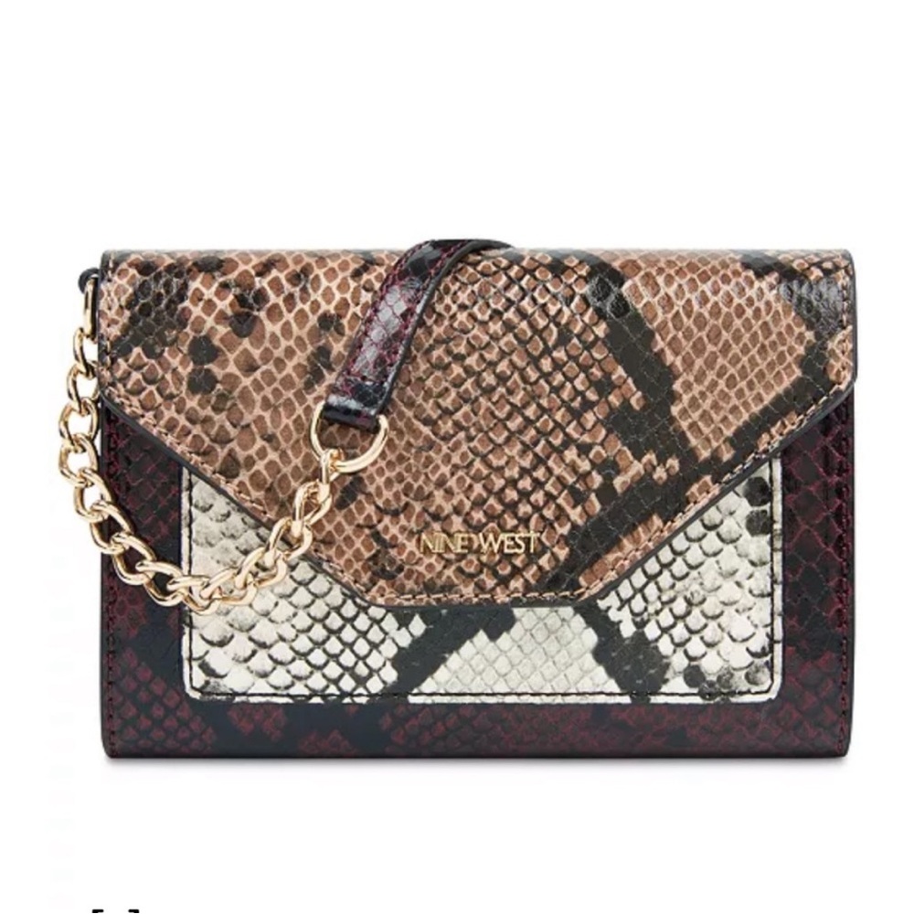 •NWOT NINE WEST Aleksei Crossbody
Mini Python Embossed Faux Leather Brass Brown